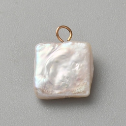 Квадрат Подвески из натурального барочного жемчуга кеши, с медными петлями, золотые, цветочный белый, квадратный, 15x12x3.5 мм, отверстие : 2 мм