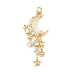 Настоящее золото 18K Латунные микропаве прозрачные подвески с фианитом, лунное очарование, с эмалью и прыжковым кольцом, долговечный, без кадмия и без свинца, реальный 18 k позолоченный, 36x17x3 мм, отверстие : 3.4 мм