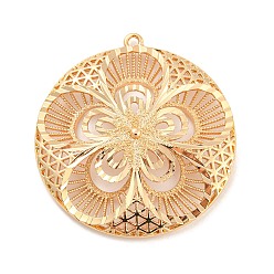 Light Gold Rack Plating Brass Hollow Pendants, Flat Round with Flower Charms, Cadmium Free & Nickel Free & Lead Free, Light Gold, 38x35x5mm, Hole: 1.6mm