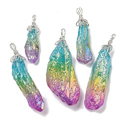 Разноцветный Гальванические большие подвески из необработанного натурального кварца с кристаллами, Подвески-самородки с петлями из медной проволоки, серебряные, красочный, 40~48x13~23x10~20 мм, отверстие : 4.5~5 мм