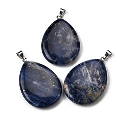 Содалитовое Природные подвески содалитом, Подвески в форме капли с 304 защелкивающимися креплениями из нержавеющей стали, цвет нержавеющей стали, 43.5~45x29.5~30.5x6~7.5 мм, отверстие : 7.5x4.5 мм