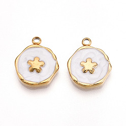 Белый 304 подвески из нержавеющей стали, с эмалью, плоский круглый с цветными чарами, ионное покрытие (ip), реальный 18 k позолоченный, белые, 16x13x2.5 мм, отверстие : 1.6~1.8 мм