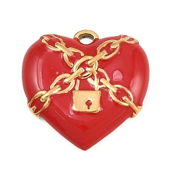 Roja Día de San Valentín 304 Colgantes de acero inoxidable esmaltados, Corazón con cadena y dije de candado, dorado, rojo, 20x20x3 mm, agujero: 1.6 mm
