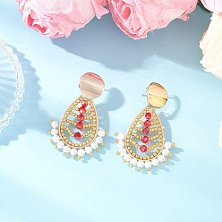 Красный Латунные серьги-гвоздики в форме каплевидных подвесок, со стеклянными бисеринами, золотые, красные, 50x34~34.5 мм