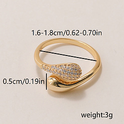 Золотой Элегантное каплевидное латунное кольцо-манжета с микропаве из прозрачного кубического циркония для ежедневного праздничного украшения, золотые, внутренний диаметр: 16~18 мм