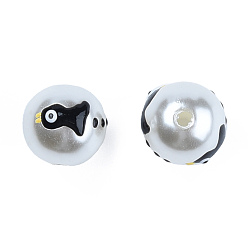 Black ABS Plastic Imitation Pearl Beads, with Enamel, Round with Bird, Black, 12x11.5mm, Hole: 2mm
