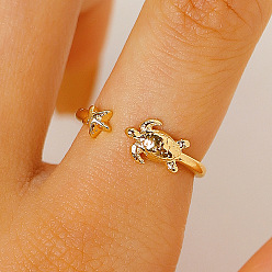 Golden Brass Cuff Open Rings for Women, Tortoise & Starfish, Golden, 16mm