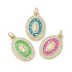 Mixed Color Brass Micro Pave Cubic Zirconia Pendants, with Enamel & Shell, Long-Lasting Plated, Lead Free & Cadmium Free, Real 18K Gold Plated, Oval with Virgin Mary, Mixed Color, 19.5x12.5x3mm, Hole: 3mm