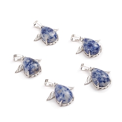 (306FM) Жонкиль матовый с лаймовой подкладкой Натуральные синие пятна яшмы подвески, с латунными кабошонами, слеза, с крылом, 23~23.5x25x8~9 мм, отверстие : 8x5 мм