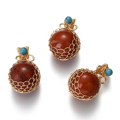 Красный Обсидиан Подвески из натурального красного дерева, обсидиана и бирюзы, с фурнитурой позолоченной латунной, круглые, 26.5~28x17~17.5x16.5 мм, отверстие : 3~5 мм