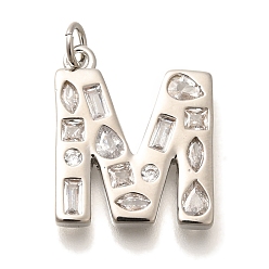 Letter M Латунные микропаве прозрачные подвески с фианитом, с целью перехода в кольце, без свинца и без кадмия, долговечный, стойки покрытие, письмо амулеты, платина, Буква М, 20.5x17x2.7 мм, Перейти кольцо: 5x1 мм, 3 mm внутреннего диаметра.