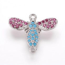 Темно-Голубой Коннекторы, латунь, кубический цирконий, Пчелы, глубокое синее небо, 14x16.5x3 мм, отверстие : 1 мм