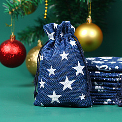 Морской Синий Рождественские сумки Linenette Drawstring Bags, прямоугольник со звездой, Marine Blue, 14x10 см