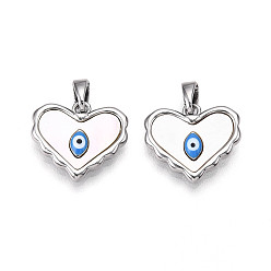 Платина Подвески в форме сердца из натуральной ракушки из латуни, очаровашка синяя эмаль сглаза, платина, 13.5x15.5x3 мм, отверстие : 5x2 мм
