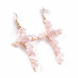 Rose Quartz Natural Rose Quartz Dangle Earring, Cross, 65x35mm