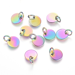 Rainbow Color Ионное покрытие (ip) 304 брелоки из нержавеющей стали, штамповка пустой метки, с прыжковых колец, плоско-круглые, Радуга цветов, 8x0.7 мм, отверстие : 3.5 мм