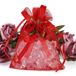 Красный 10 шт. подарочные мешочки из органзы с завязкой и розой, мешочки для украшений, свадебная вечеринка рождественские подарочные пакеты, прямоугольные, красные, 18x13 см