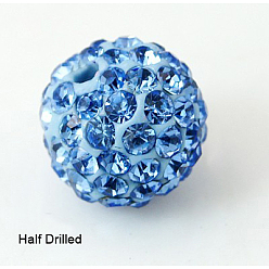 Свет Сапфира Бусины со стразами, полимерная глина , pave disco бусины, класс А, круглые, половине просверлил, света сапфир, 10 мм, отверстие : 1 мм