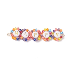 Colorful Electroplate Glass Copper Wire Wrapped Connector Charms, with Acrylic Beads, Real 18K Gold Plated, Flower with Word Happy, Colorful, 59x13x3.5mm, Hole: 1.2~2mm