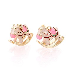 Розовый Латунь эмаль подвески, конек, с целью перехода в кольце, реальный 18 k позолоченный, туманная роза, 14x17.5x7.5 мм, отверстие : 3 мм