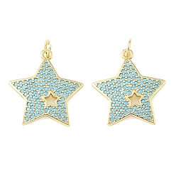 Real 18K Gold Plated Brass Micro Pave Sky Blue Cubic Zirconia Pendants, Star Charms, Rack Plating, Long-Lasting Plated, Cadmium Free & Lead Free, Real 18K Gold Plated, 23.5x22x2.5mm, Hole: 3.5mm