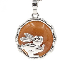 Красный Авантюрин Натуральный красный авантюрин подвески, плоская круглая форма из латуни платинового цвета с подвесками в виде кролика, 25x10 мм