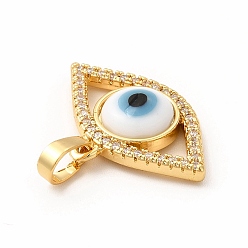 White Rack Plating Brass Micro Pave Clear Cubic Zirconia Pendants, with Handmade Evil Eye Lampwork, Cadmium Free & Lead Free, Long-Lasting Real 18K Gold Plated, Eye Charm, White, 15.5x23x4mm, Hole: 6x3mm
