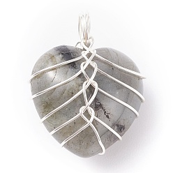 Labradorite Natural Labradorite Gemstone Pendants, with Silver Tone Copper Wire Wrapped, Heart, 25.5x21x17mm, Hole: 6mm