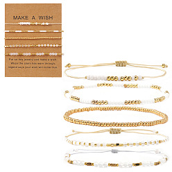 Золотой 5 Наборы браслетов из стекла и металла с золотыми и белыми бусинами, регулируемые браслеты из бусин на шнурке, с открытки, золотые, 6.50~11.02 дюйм (16.5~28 см)