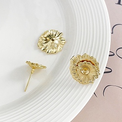 Golden Flower Brass Stud Earrings Finding, for Half Drilled Beads, Golden, 20x19mm