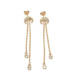 Настоящее золото 18K Серьги-гвоздики с цирконом из латуни, с кабельными цепями, долговечный, луна, реальный 18 k позолоченный, 58x10 мм, штифты : 0.8 мм