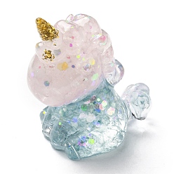 Аквамарин Смола украшения дома дисплей, с блесток, натуральный розовый кварц/аквамарин внутри, единорог, 50x30x55 мм