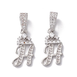 Letter H Кулоны из экологически чистой латуни с микропаве и кубическим цирконием, долговечный, Реальная платина, без кадмия и без свинца, буквы, letter.h, 16~20x7~11.5x1.5~2.2 мм, отверстие : 6.5x3.5 мм