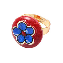 Flat Round Adjustable Alloy Enamel & Resin Cuff Finger Rings, Golden, Flat Round, Inner Diameter: 17.8mm