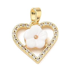 Oro Latón micro pavimenta claro colgantes de circonio cúbico, corazón con dijes de flores, con resina, dorado, 15x15x3.5 mm, agujero: 2.5x4 mm
