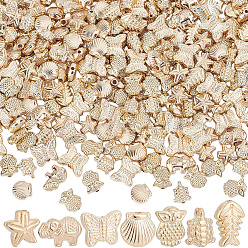 Golden Plated 420Pcs 7 Styles Plating ABS/CCB Plastic Beads, Mixed Shapes, Golden Plated, 8.5~12x8~12x3.5~4mm, Hole: 1.4~1.8mm, 60pcs/style