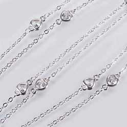 Platinum Handmade Brass Beaded Chains, Soldered, with Faceted Cubic Zirconia Links, Heart, Platinum, 39.3 inch(1m)