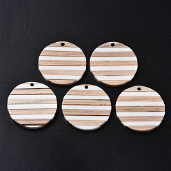 White Stripe Resin & Wood Pendants, FLat Round, White, 30x3mm, Hole: 2mm
