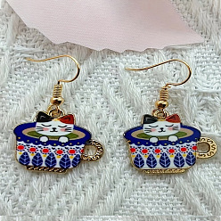 Разноцветный Сплав мотаться серьги, чашка в форме кошки, золотые, красочный, 38 мм
