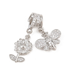 Платина Подвески из латуни с прозрачными кубическими циркониями, инкрустированные пружинным позолотой., Подвески в виде пчелок и цветов, стойки покрытие, долговечный, без свинца и без кадмия, платина, 31 мм, отверстия : 3 mm и 4 мм