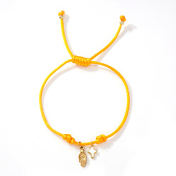 Желтый 304 из нержавеющей стали шарм браслеты, плетеные браслеты из вощеного шнура для женщин, рука хамса и крест, золотые, желтые, 11.02 дюйм (28 см)