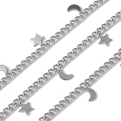 Нержавеющая Сталь Цвет 304 из нержавеющей стали обуздать цепи, несварные, с катушкой, с прелестями звезды и луны, цвет нержавеющей стали, 5~5.5x3.5~5.5x0.5 мм