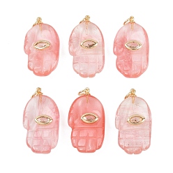 Вишневый Кварц Вишневое из кварцевого стекла подвески, Религиозные подвески в виде руки Хамса с фурнитурой из микрофибры и латунных элементов., реальный 18 k позолоченный, долговечный, стойки покрытие, без кадмия и без свинца, 27x15x6 мм, Перейти кольцо: 5x1 мм, внутренний диаметр: 3 мм