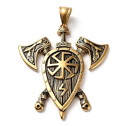 Античное Золото Ионное покрытие (ip) 304 большие подвески из нержавеющей стали, щит с подвеской в виде двойного топора, античное золото , 50x43.5x4.8 мм, отверстие : 4.8x7.8 мм