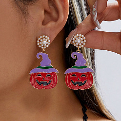 Pumpkin Halloween Alloy Enamel & Plastic Pearl Stud Dangle Earrings, Golden, Pumpkin, 55x30mm