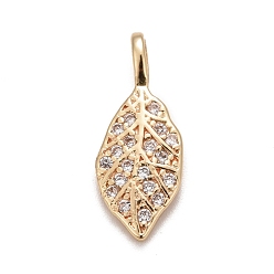 Light Gold Rack Plating Brass Micro Pave Clear Cubic Zirconia Pendants, Long-Lasting Plated, Cadmium Free & Lead Free, Leaf, Light Gold, 16.5x6.5x3mm, Hole: 2x2.5mm