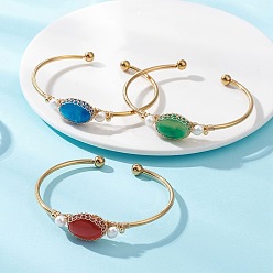 Color mezclado Brazaletes de ágata natural envueltos en alambre, 304 Pulseras de torsión de acero inoxidable para mujeres., oval, con cuentas de perlas de agua dulce cultivadas naturales y, color mezclado, diámetro interior: 2.52x2.05 pulgada (6.4x5.2 cm), 3 PC / sistema