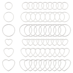 Нержавеющая Сталь Цвет 60 шт. 6 стили 304 соединительное кольцо из нержавеющей стали, круглое кольцо и разъем в форме сердца, цвет нержавеющей стали, 10.5~20x0.8~1 мм, 10 шт / стиль