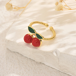 Вишня Фруктовые темы латунные манжеты открытые кольца для женщин, с эмалью, золотые, вишня, 13x14 мм, внутренний диаметр: 16мм~18мм