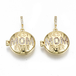 Настоящее золото 16K Латунные подвески с микропаве из прозрачного кубического циркония, фото прелести рамка для ожерелья, без никеля , плоский круглый со словом лучшая мама когда-либо, день матери, реальный 16 k позолоченный, 20.5x20.5x6.5 мм, отверстие : 3.5x5.5 мм, внутренний диаметр: 15 мм
